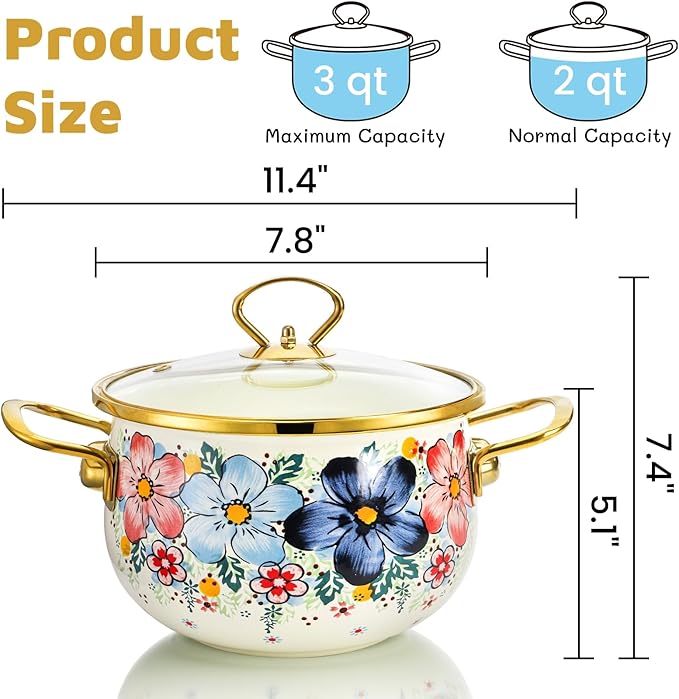 SOUJOY 3 Quart Enamel Cooking Pot with Glass Lid, Non-Stick Soup Pot with Handle, Vintage Floral Bean Stew Simmer Pot for Kitchen, Induction & Gas Stove Safe, Mother's Day, Wedding, Christmas Gift - Image 2