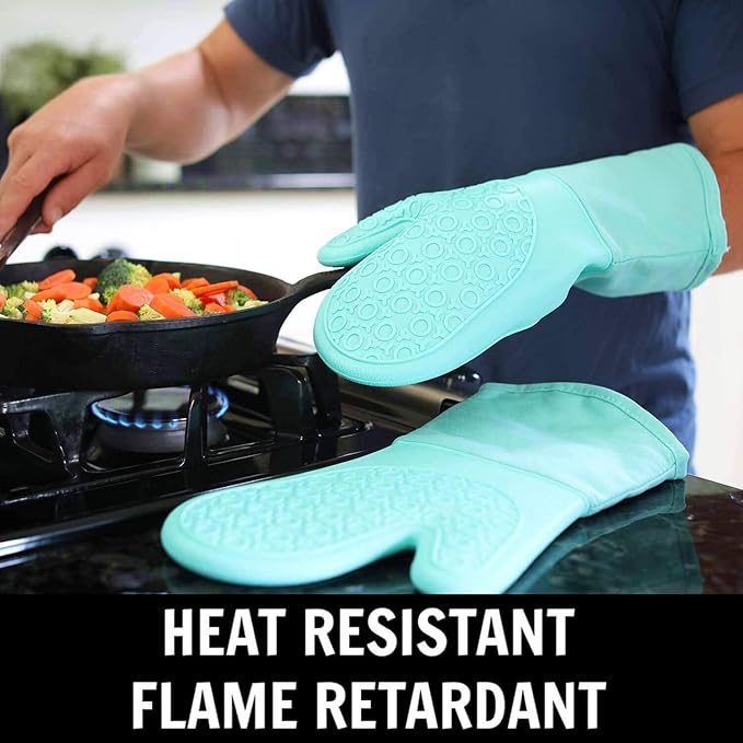 BPA-Free Soft Silicone 4 Piece Oven Mitts & Trivets Set - Ultra Heat Resistant Oven Mitts with Thick Cotton Liner - Long Slip Resistant Pot Holders, Flexible Oven Gloves - Aqua - Image 2
