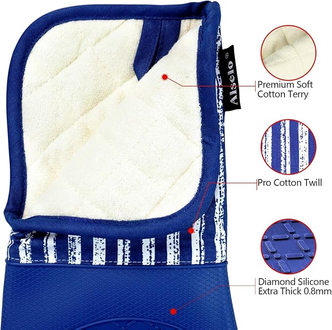 Alselo Silicone Oven Mitts Heat Resistant 932℉ with Waterproof & Non-Slip Kitchen Mittens, Set of 2 Extra Long Oven Gloves with Soft Cotton Terry Lining for Baking Cooking Barbecue (Cobait Blue, 2) - Image 3