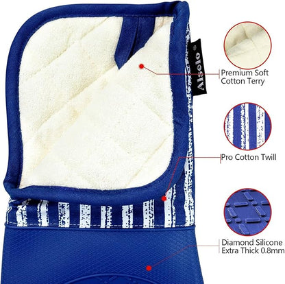 Alselo Silicone Oven Mitts Heat Resistant 932℉ with Waterproof & Non-Slip Kitchen Mittens, Set of 2 Extra Long Oven Gloves with Soft Cotton Terry Lining for Baking Cooking Barbecue (Cobait Blue, 2) - Image 3