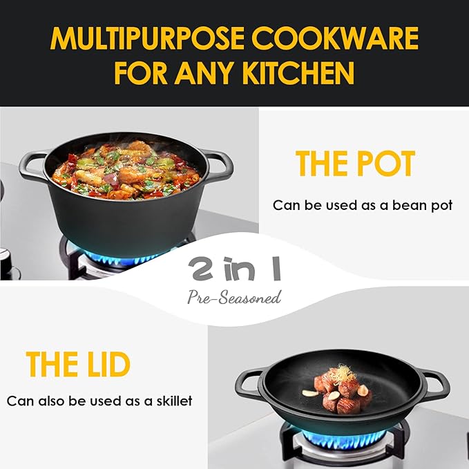 EDGING CASTING 2-in-1 Pre-Seasoned Cast Iron Dutch Oven Pot with Skillet Lid Cooking Pan, Cast Iron Skillet Cookware Pan Set with Dual Handles, Indoor Outdoor for Bread/Frying/Baking/Camping/BBQ, 5 Qt - Image 4