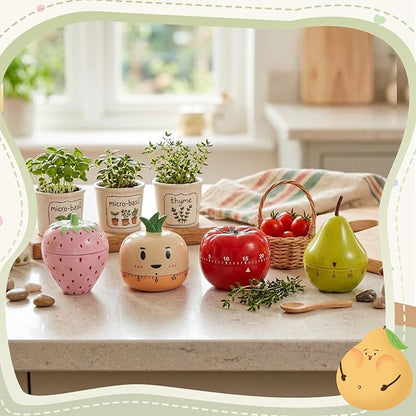 Amylove 4 Pieces Cute Kitchen Timer, Animal Mechanical Manual, Tomato, Strawberry, Pineapple, Pear, 60 Minutes Loud Alarm Egg Windup Timer, for Adults Christmas Home Cooking Baking Fitness Beauty