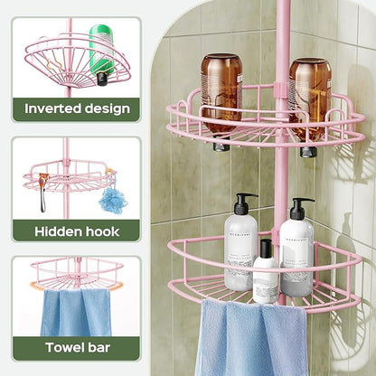 HAMITOR Corner Shower Caddy Tension Pole: 4-Tier Rust-Resistant Adjustable Bathroom Organizer Shelves - 47-121 Inch No-Drill Quick Installation - Space-Saving Storage for Renters Family - Pink - Image 5