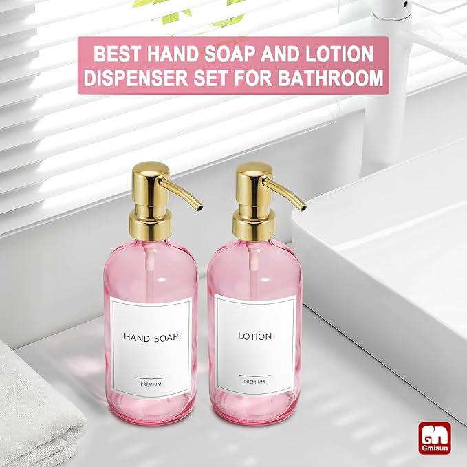 GMISUN Pink Soap Dispenser Bathroom, 2 Pack Kitchen Hand and Dish Soap Dispensers Set, 17 Fl Oz Pink Glass Soap Dispenser with Gold Pump, Refillable Modern Farmhouse Liquid Soap Pump Bottles - Image 5