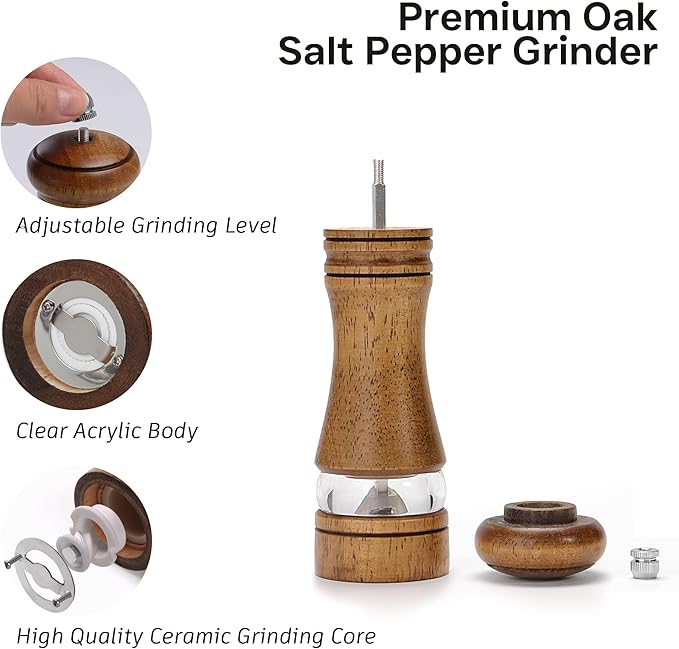 Wooden Salt and Pepper Grinder Set, Premium Oak Wood Salt Grinders Shakers, Pepper Mill with Acrylic Clear Window, Adjustable Ceramic Grinder (6″ - 2 Packs with Tray)
