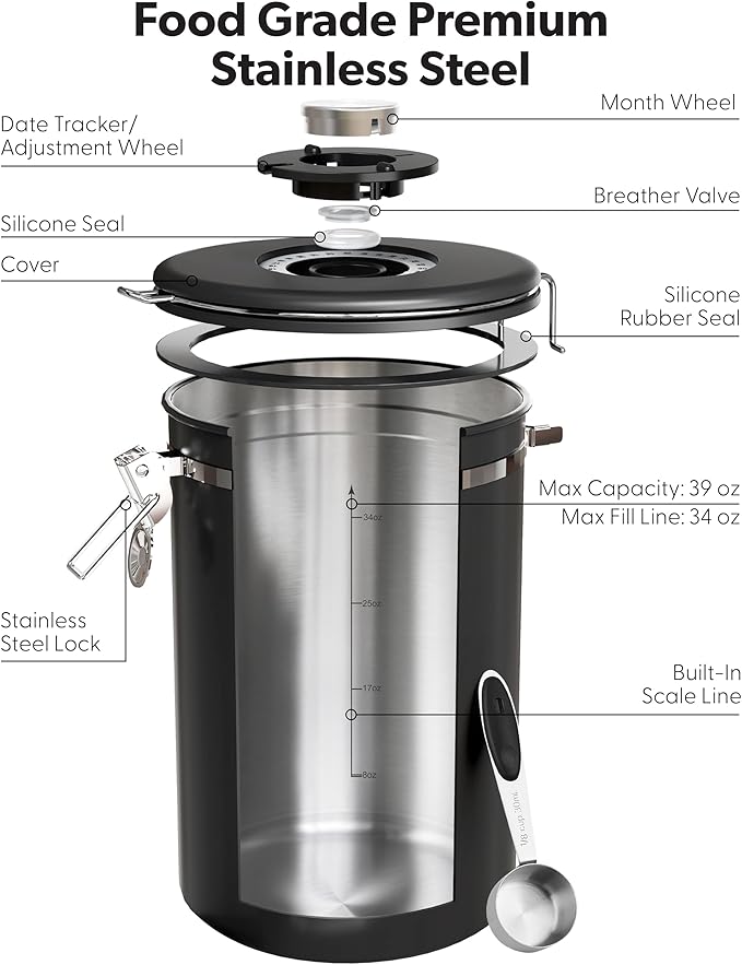 Veken Large Coffee Canister with Window, Kitchen Food Storage Airtight Stainless Steel Container for 2.2lbs Coffee Beans, Grounds, Rice,Tea, Flour, Cereal, Sugar Jars,Date Tracker and Scoop 39oz,Black - Image 7