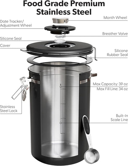 Veken Large Coffee Canister with Window, Kitchen Food Storage Airtight Stainless Steel Container for 2.2lbs Coffee Beans, Grounds, Rice,Tea, Flour, Cereal, Sugar Jars,Date Tracker and Scoop 39oz,Black - Image 7