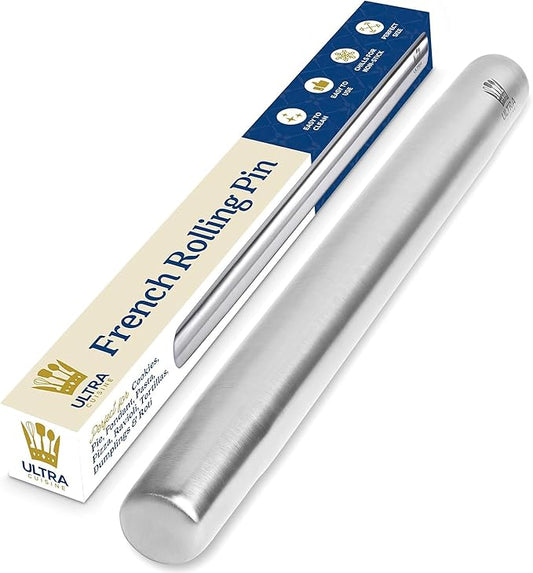 Ultra Cuisine French Rolling Pin for Baking – Use with Pizza, Cookie, and Pastry Dough, Fondant and Pie Crust – Tapered Design Bread Roller Pin, Stainless Steel 15.75-inch Large Roller Pin by UltraCuisine