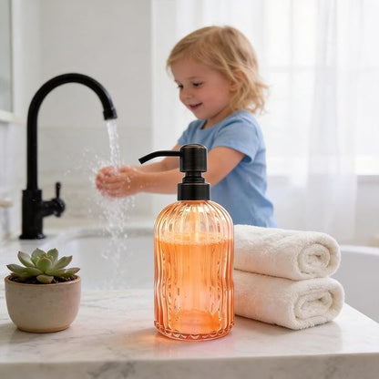 16 OZ Orange Glass Soap Dispenser,Clear Orange Stripe Bathroom Hand Soap Dispensers with Stainless Steel Bronze Pump, Kitchen Hand Soap Dispenser with Oil Rubbed Bronze Pump