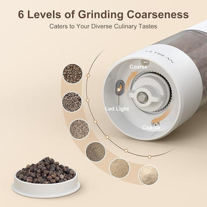 Ultrean Electric Pepper Grinder, Rechargeable Salt and Pepper Grinder with 6 Adjustable Coarseness, LED Light, Automatic Grinder for Kitchen, Kitchen Gadget & Housewarming Gifts, White - Image 3