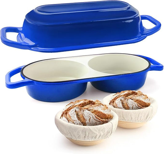 YONILL Mini Double Dutch Oven for Sourdough Bread Baking - Enameled Cast Iron Dutch Oven Pot with Lid and 5" Banneton Bread Proofing Basket Kit, Dual Round Bread Loaf Pan for Homemade Baking (Dark Blue) by YONILL