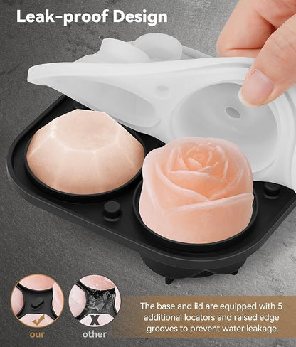 Ice Cube Tray with Lid, Silicone Ice Molds with Round, Square, Diamond, Rose, Large Ice Cube Mold for Whiskey, Bourbon, Cocktails, Easy Release BPA Free, Set of 2 (Pack of 2)