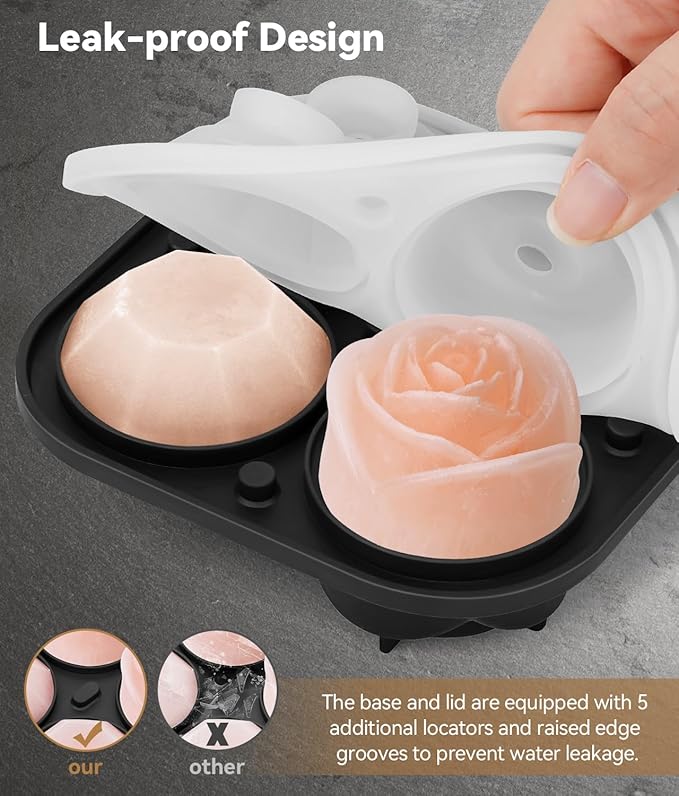 Ice Cube Tray with Lid, Silicone Ice Molds with Round, Square, Diamond, Rose, Large Ice Cube Mold for Whiskey, Bourbon, Cocktails, Easy Release BPA Free, Set of 2