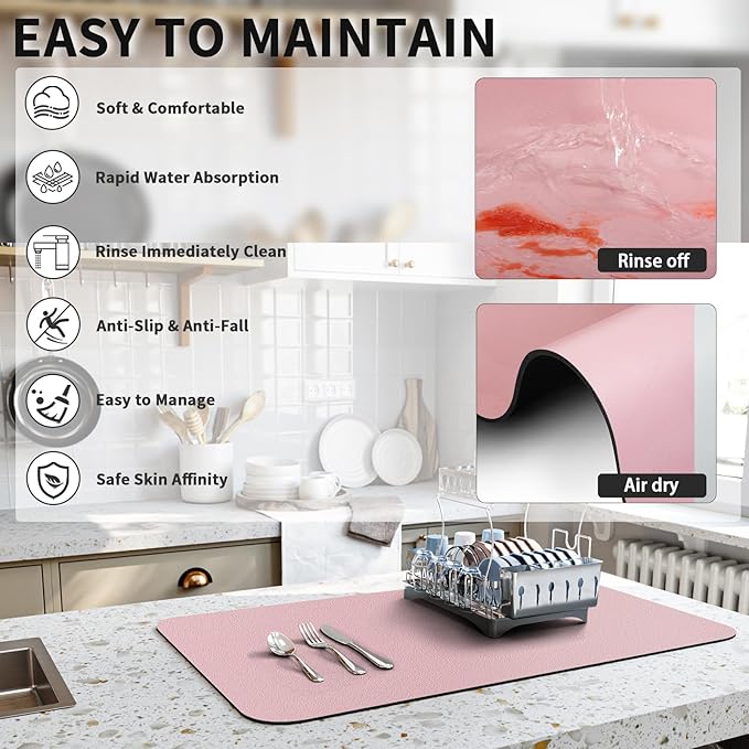 HotLive Dish Drying Mat for Kitchen Counter, Heat Resistant Drainer Mats with Non-slip Rubber Backed, Hide Stain Kitchen Super Absorbent Draining Mat, Easy to Clean Dish Rack Pad, Pink 16"x18" - Image 4