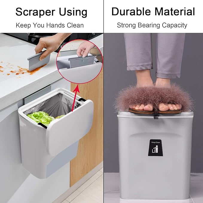 Tiyafuro 2.4 Gallon Kitchen Compost Bin for Counter Top or Under Sink, Hanging Small Trash Can with Lid for Cupboard/Bathroom/Bedroom/Office/Camping, Mountable Indoor Compost Bucket, Gray - Image 5