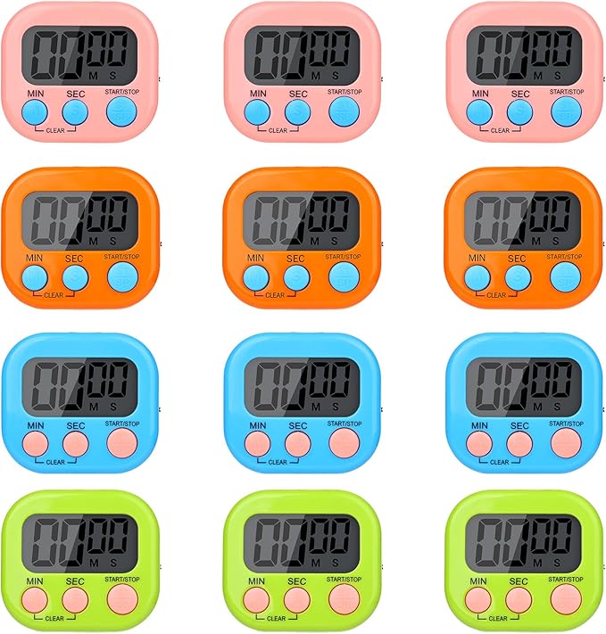 Mwellewm Digital Timers for Classroom Kitchen Timers for Cooking Small Magnetic Stopwatch Mini Countdown Loud Alarm Stop for Study Work Baking Sports Games Office(Pink, Blue, Green, Orange, 12Pcs) by Mwellewm