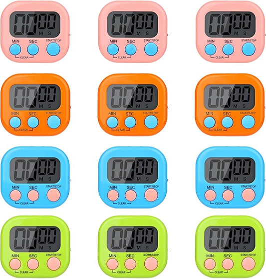 Mwellewm Digital Timers for Classroom Kitchen Timers for Cooking Small Magnetic Stopwatch Mini Countdown Loud Alarm Stop for Study Work Baking Sports Games Office(Pink, Blue, Green, Orange, 12Pcs) by Mwellewm