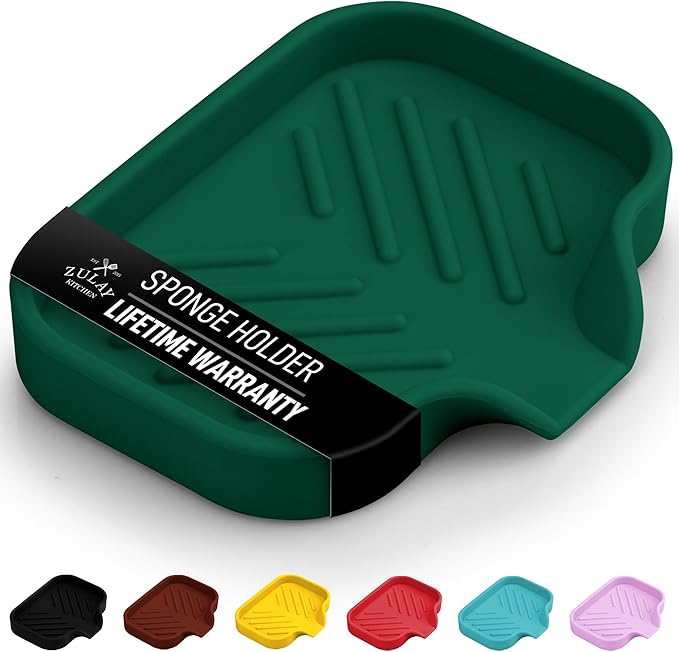 Zulay Kitchen Small Silicone Sponge Holder (4.9x3.3”) – Space-Saving Sink Organizer Tray for Sponge, Soap, Brush & More – Compact Non-Slip Dish for Kitchen & Bathroom Countertops (Pine Green) by ZulayKitchen