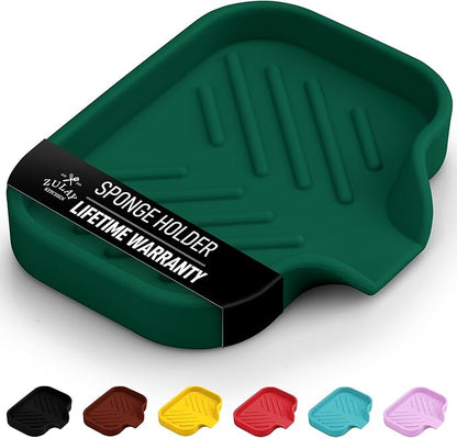 Zulay Kitchen Small Silicone Sponge Holder (4.9x3.3”) – Space-Saving Sink Organizer Tray for Sponge, Soap, Brush & More – Compact Non-Slip Dish for Kitchen & Bathroom Countertops (Pine Green) by ZulayKitchen