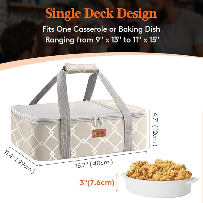 Lifewit Insulated Single Decker Casserole Carrier, Lasagna Lugger Holder for Hot or Cold Food, Fits 9" x 13" Baking Dish, Thermal Lunch Tote Bag for Potluck Parties, Picnic and Cookouts, Grey
