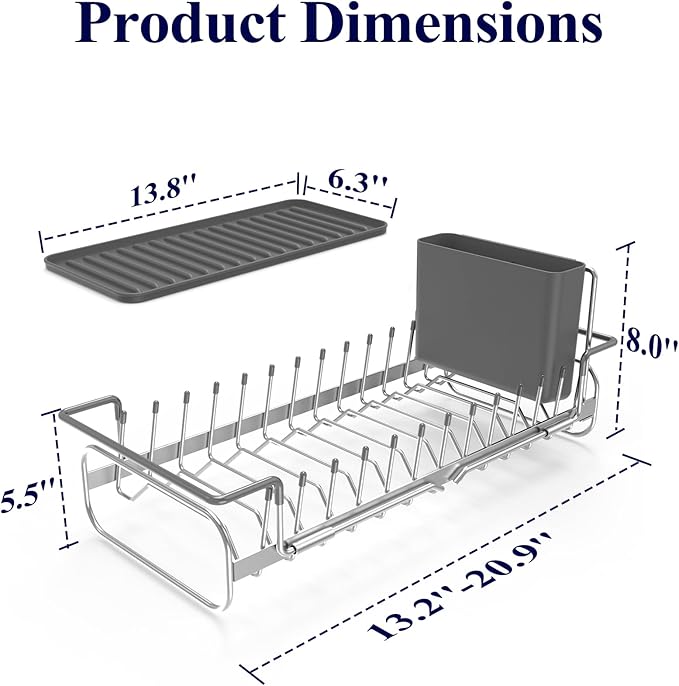 Kitsure Dish Drying Rack - Expandable Dish Rack for Kitchen Counter, Over Sink Or in Sink, Space-Saving Plates Dryer with Cutlery Holder & Drip Tray, 14.0"-20.9" L x 6.3" W x 8.0" H, Sliver - Image 2