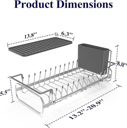 Kitsure Dish Drying Rack - Expandable Dish Rack for Kitchen Counter, Over Sink Or in Sink, Space-Saving Plates Dryer with Cutlery Holder & Drip Tray, 14.0"-20.9" L x 6.3" W x 8.0" H, Sliver - Image 2
