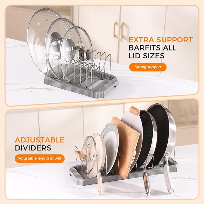 Adjustable Pot Lid Organizer Rack, 9 Compartments Cabinet Storage Holder for Pots, Pans, Lids, Cutting Boards, Bakeware - Image 4