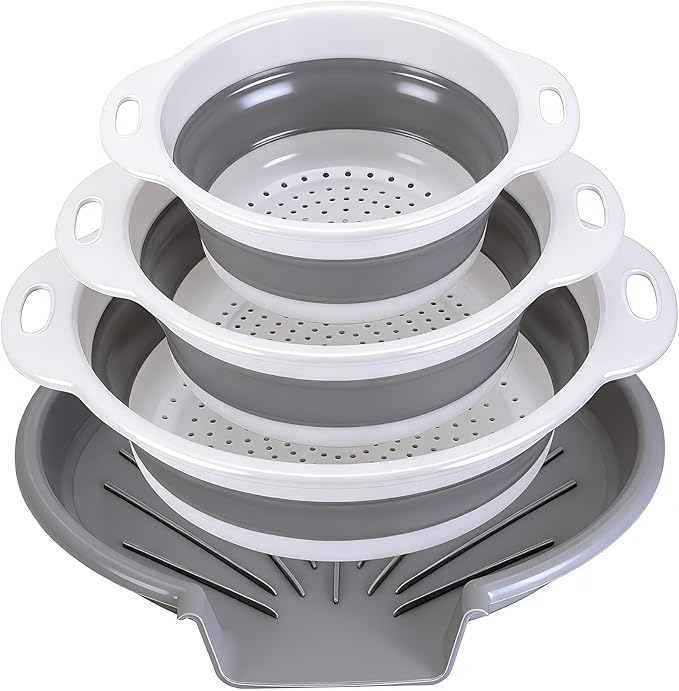 Collapsible Colander Set with Oversized Draining Tray | 3-Pack Foldable Kitchen Strainers + Base | Space Saving for Pasta, Veggies, Fruit & Rice | 5 Colors (Gray-White) by CLUREN