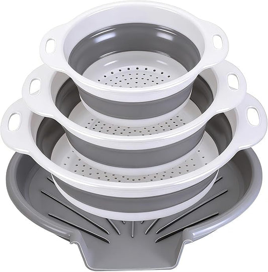 Collapsible Colander Set with Oversized Draining Tray | 3-Pack Foldable Kitchen Strainers + Base | Space Saving for Pasta, Veggies, Fruit & Rice | 5 Colors (Gray-White) by CLUREN