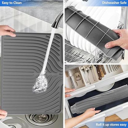 JACZZO Silicone Dish Drying Mat for Kitchen Counter, 19.7" x 17.2" Large Drying Mat with Built-in Drain Lip, Heat Resistant Countertop Protector Pad, Fast Drying & Easy Clean, Grey - Image 3