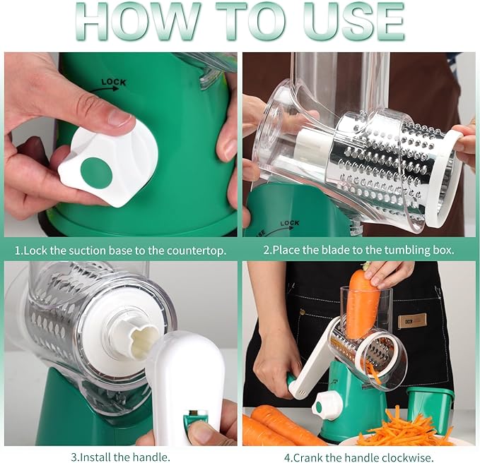 Cambom Rotary Cheese Grater Hand Crank Cheese Shredder for Fresh Cheese, Vegetable, Nuts,Non-slip Suction Base, Free Cleaning Brush Three Blades, Deep Green - Image 8