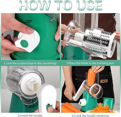 Cambom Rotary Cheese Grater Hand Crank Cheese Shredder for Fresh Cheese, Vegetable, Nuts,Non-slip Suction Base, Free Cleaning Brush Three Blades, Deep Green - Image 8