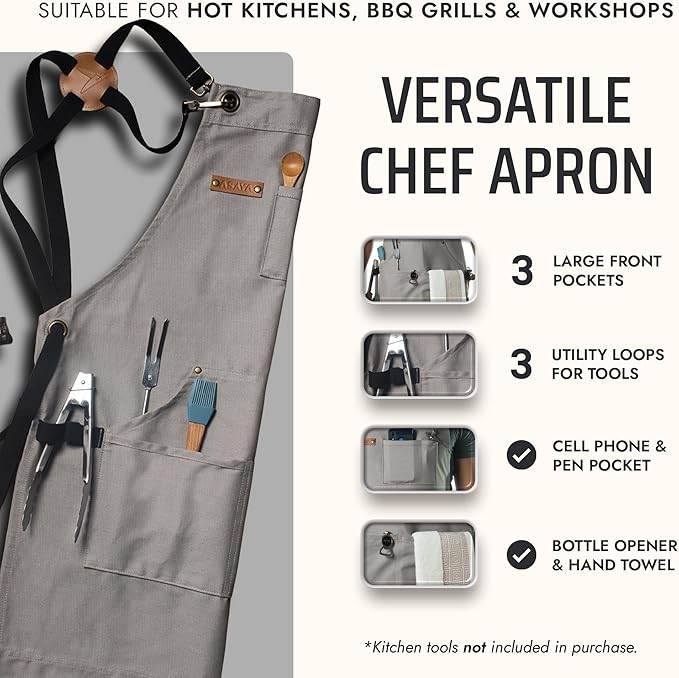 Asaya Chef and BBQ Apron with Bottle Opener and Hand Towel - 10oz Cotton Canvas, Stainless Steel Hardware - Cross Back Straps - Image 2