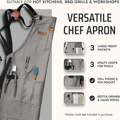 Asaya Chef and BBQ Apron with Bottle Opener and Hand Towel - 10oz Cotton Canvas, Stainless Steel Hardware - Cross Back Straps - Image 2