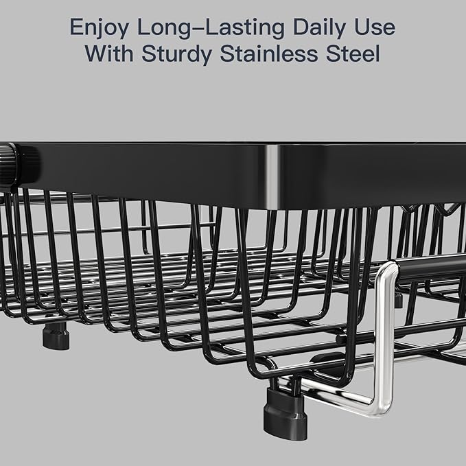 MAJALiS Expandable Stainless Steel Over The Sink Dish Drying Rack for Small Kitchen Counter Space Saving, Compact RV Plate Drainer Strainer in Black Wire Metal with Hanging Adjustable Utensil Holder - Image 5