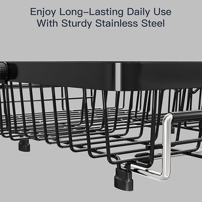 MAJALiS Expandable Stainless Steel Over The Sink Dish Drying Rack for Small Kitchen Counter Space Saving, Compact RV Plate Drainer Strainer in Black Wire Metal with Hanging Adjustable Utensil Holder - Image 5