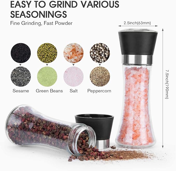 Hotder Premium Pepper and Salt Grinder Set of 2-Refillable Coarseness Adjustable Pepper Mill Shaker with Glass Body for Home,Kitchen(Two Pack) - Image 4