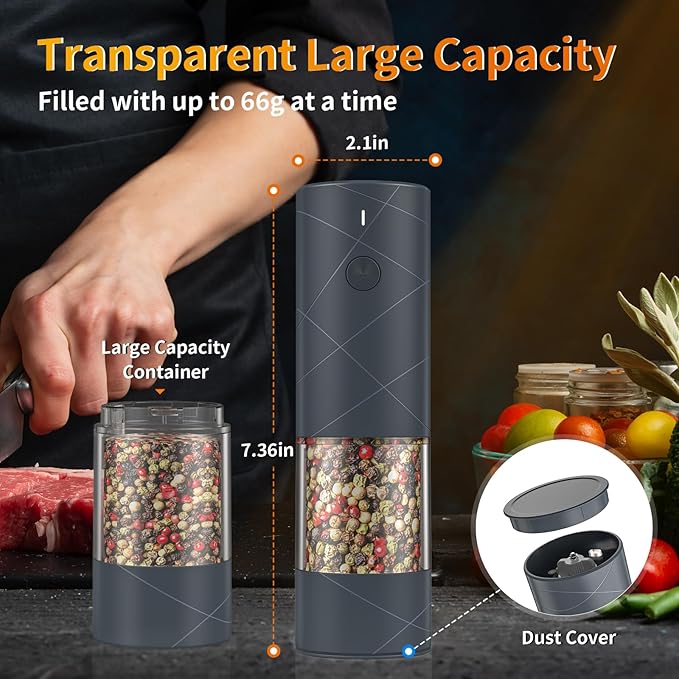 2Pack Electric Salt and Pepper Grinder Set USB Rechargeable with Warm LED Light, Adjustable Coarseness Lidaop Large Capacity Automatic Salt Pepper Mill Grinder for Kitchen, Restaurant, Outdoor (Grey) - Image 5