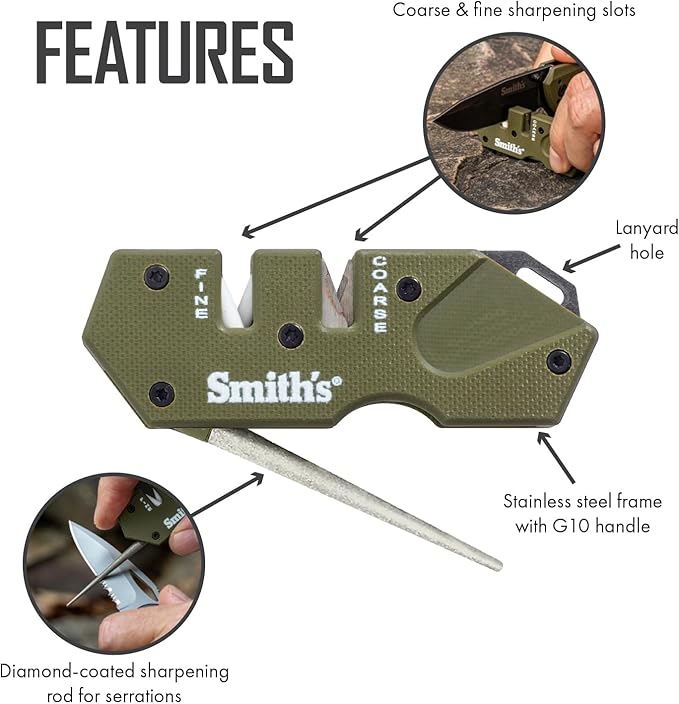 Smith’s Pocket Pal Tactical Knife Sharpener - 2 Stage Sharpener & Diamond Sharpening Rod - Pocket Clip - Outdoor Hunting Knife & Hook Sharpener - Compact & Lightweight - Image 3