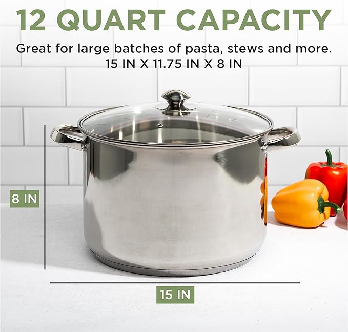 Ecolution Pure Intentions Stock Pot - Features Tempered Glass Lid, Stay-Cool Handles, and Encapsulated Bottom - Oven Safe - Curbside Recyclable Stainless Steel - 12 Quarts - Image 6