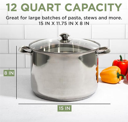 Ecolution Pure Intentions Stock Pot - Features Tempered Glass Lid, Stay-Cool Handles, and Encapsulated Bottom - Oven Safe - Curbside Recyclable Stainless Steel - 12 Quarts - Image 6