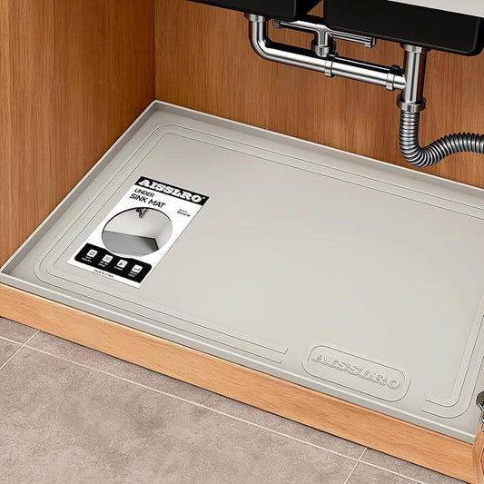 Aisslro Under Sink Mat 22" X 19", Waterproof Silicone Cabinet Organizer Protector with Raised Edge, Kitchen & Bathroom Leak Tray, Shelf Liner & Pet Feeding Mat for Dog Cat Food Mats, Beige