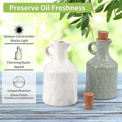 MDLUU Ceramic Olive Oil Vinegar Dispenser Bottle with Cork Stopper, 13.5 oz Porcelain Clay Small Opaque Oil Cruets with Funnel, Set of 2 (Green and White)