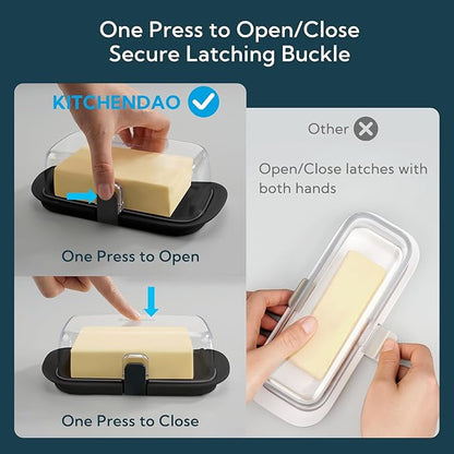 KITCHENDAO Large One-handed Butter Dish with Lid for Countertop, Airtight Butter Holder with One Press to Open/Close Secure Latching Buckle for East Coast/West Coast/European/Kerrygold Butter(Black)