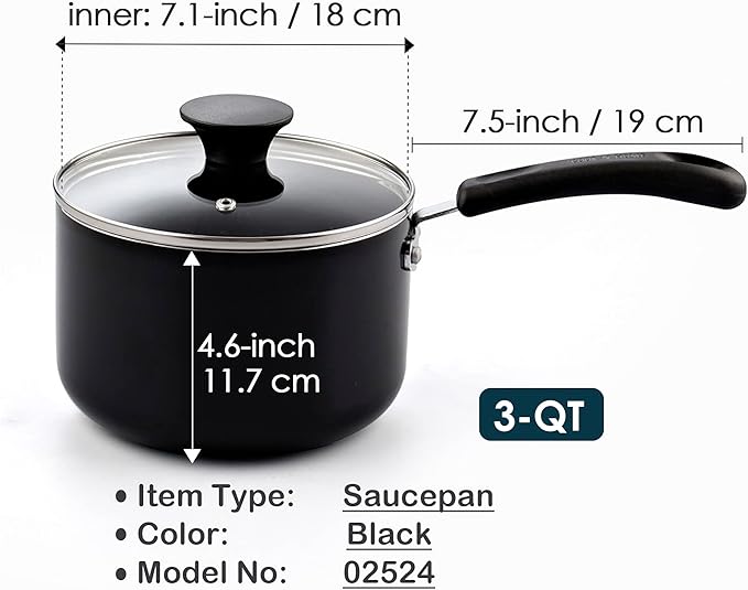 Cook N Home Nonstick Sauce Pan with Glass Lid 3-Qt, Multi-purpose Pot Saucepan Kitchenware, Black, Aluminum - Image 2