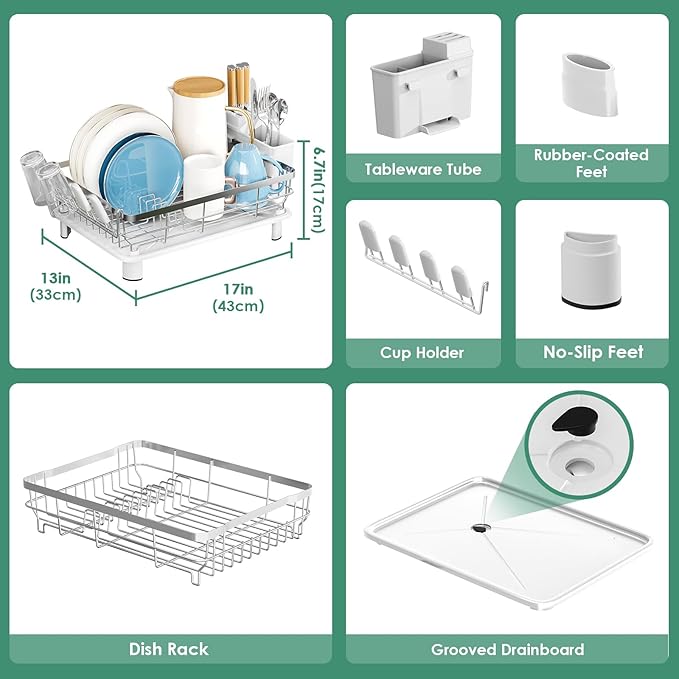 MOUKABAL Dish Drying Rack, Dish Rack, Stainless Steel Dish Racks for Kitchen Counter, Dish Drainer with Removable Utensil Holder, Drainboard (White,Stainless Steel,13''W x 17''L) - Image 3