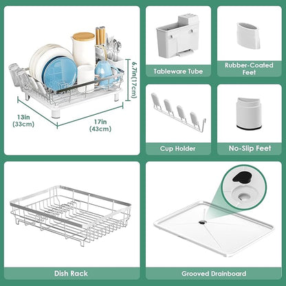 MOUKABAL Dish Drying Rack, Dish Rack, Stainless Steel Dish Racks for Kitchen Counter, Dish Drainer with Removable Utensil Holder, Drainboard (White,Stainless Steel,13''W x 17''L) - Image 3
