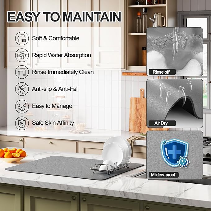 Ecotrim - Dish Drying Mat for Kitchen Counter | Coffee Bar Mat for Countertops | Heat Resistant Drainer Mat with Non-slip Rubber Backed | Hide Stain Kitchen Absorbent Draining Mat | Grey 16"x20" - Image 3