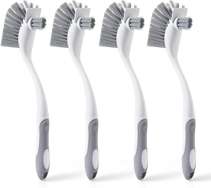4-Pack Heavy-Duty Dish Scrub Brushes with Stiff Non-Scratch Bristles & Long Handle - Multi-Purpose Kitchen Cleaning Brushes for Pots, Pans, Bottles, Deep Cleaning by CLEANHOME