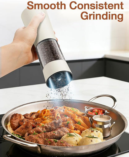 Electric Salt and Pepper Grinder Set, Stainless Steel Automatic Pepper Mill, Rechargeable with USB-C Charging Base, Gravity Activated One-Handed Operation, Dual LED Light, 2 Pack